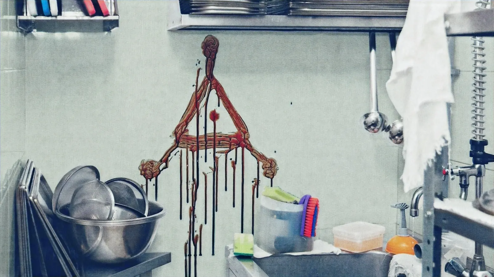 Occult symbol painted in blood on a kitchen wall at a crime scene in the horror mockumentary Strange Harvest