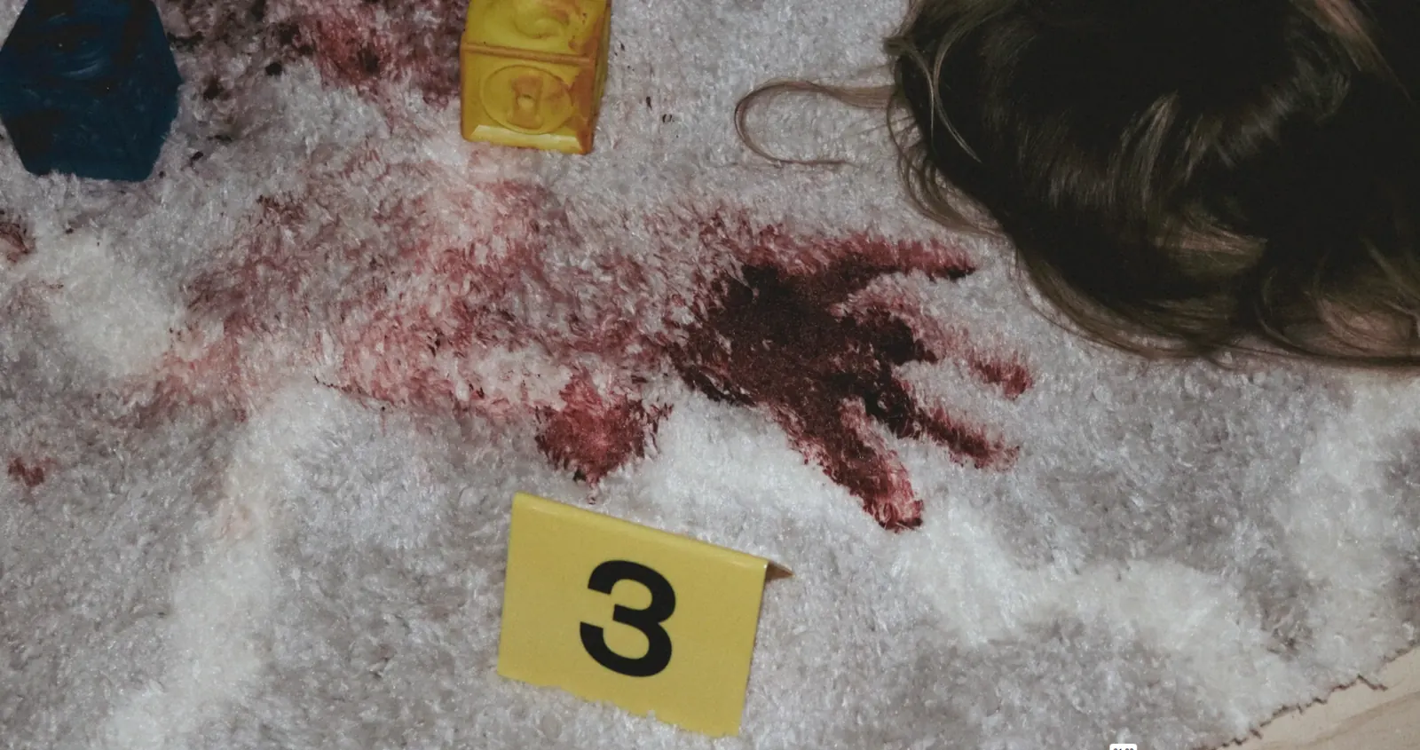 Bloody handprint marked as forensic evidence at a crime scene in the horror mockumentary Strange Harvest